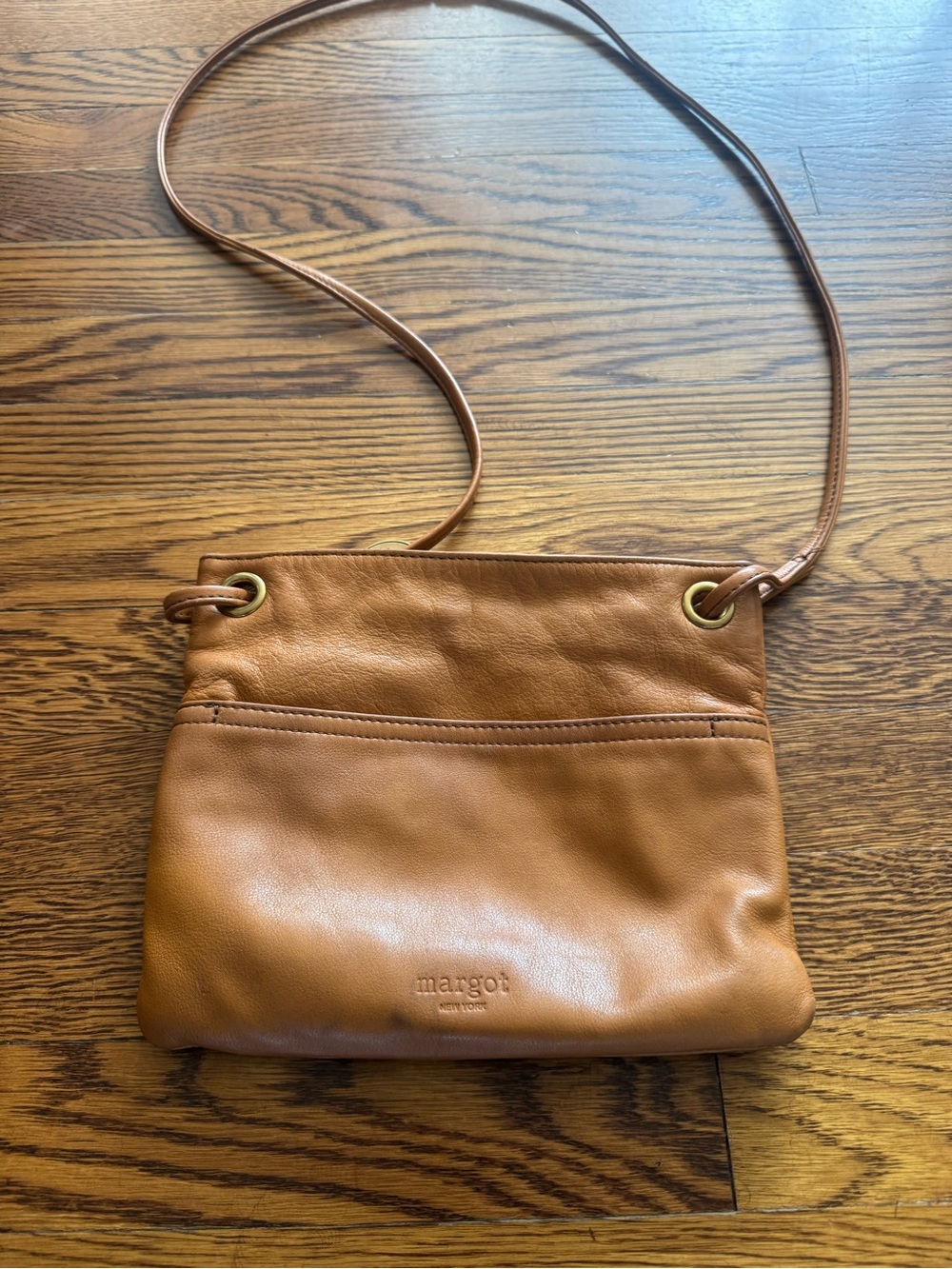margot Cognac Brown Leather Crossbody Bag with Brass Eyelets